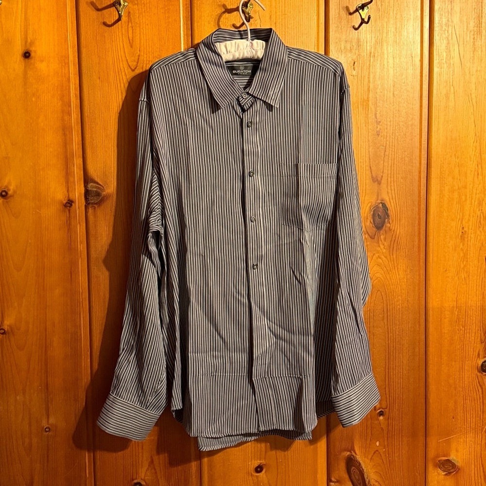 Bugatchi Uomo Mens XL Black Gray Striped Shirt Button Down Long Sleeve Pocket.